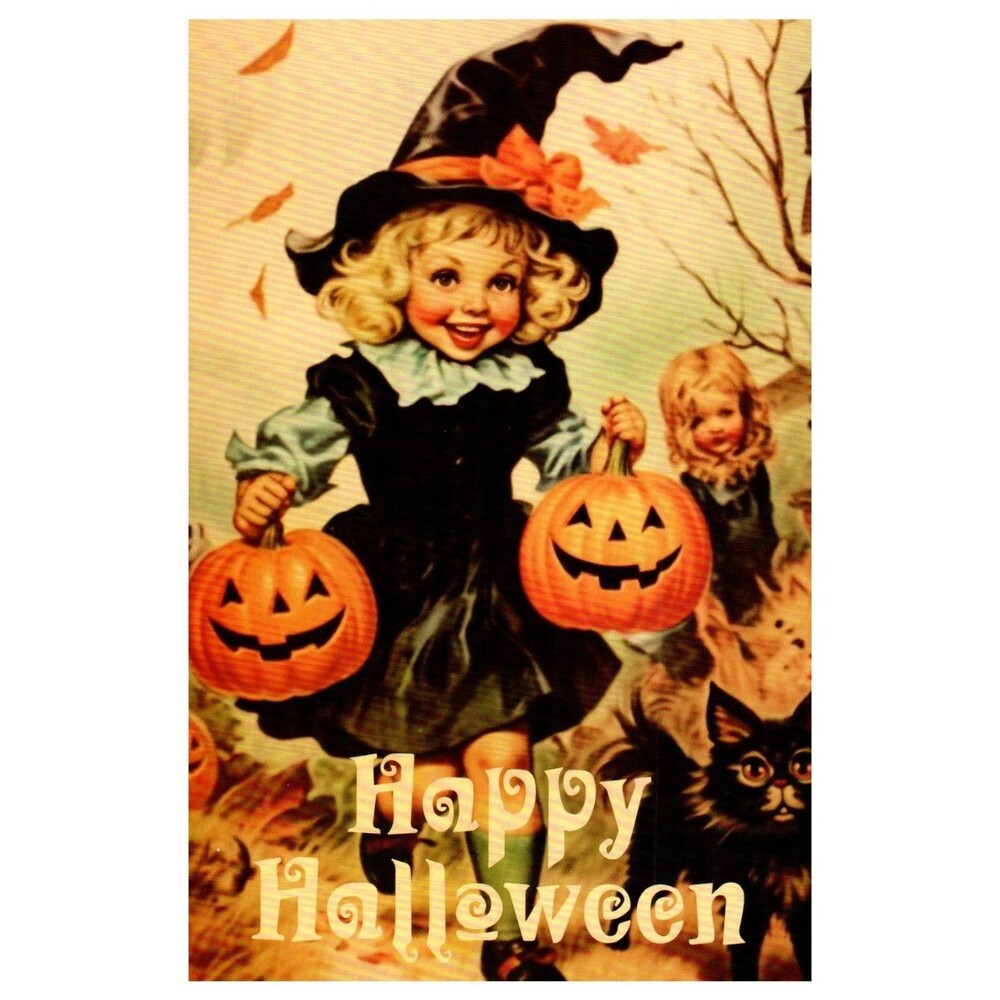Vintage Style Halloween Postcard Smiling Witch Girl Jack-o'-Lanterns Black Cat